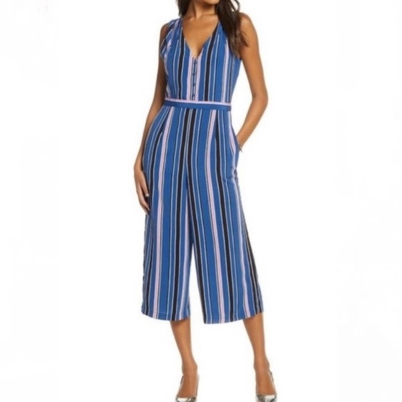 1901 Jumpsuit Romper Size XS Blue Pink Striped Casual Church Workwear Party Fall - Picture 1 of 13